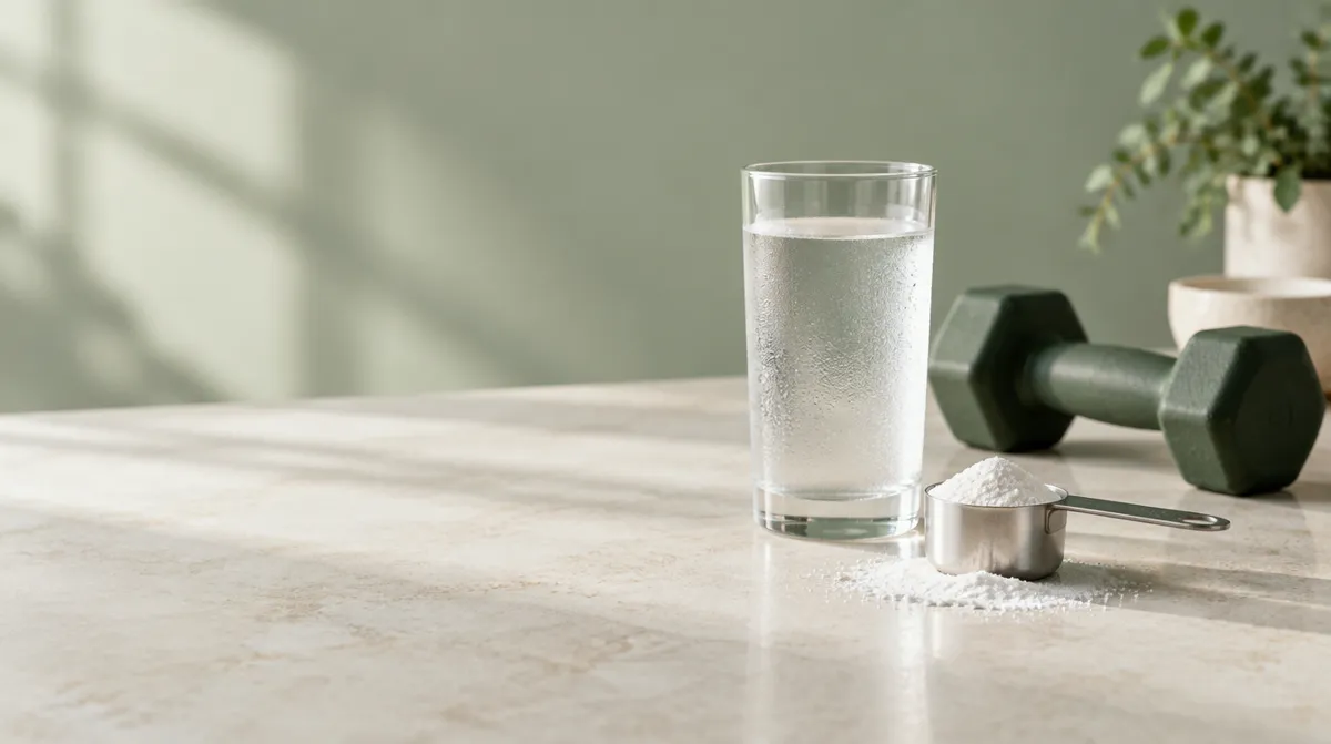 A glass of water, a scoop of creatine powder and a green dumbbell on a stone worktop