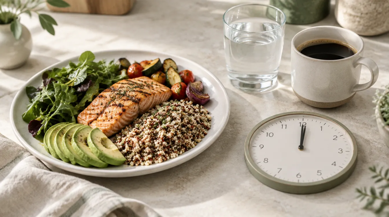 A plate of salmon, quinoa, avocado and greens beside a glass of water, a black coffee and a clock showing midday